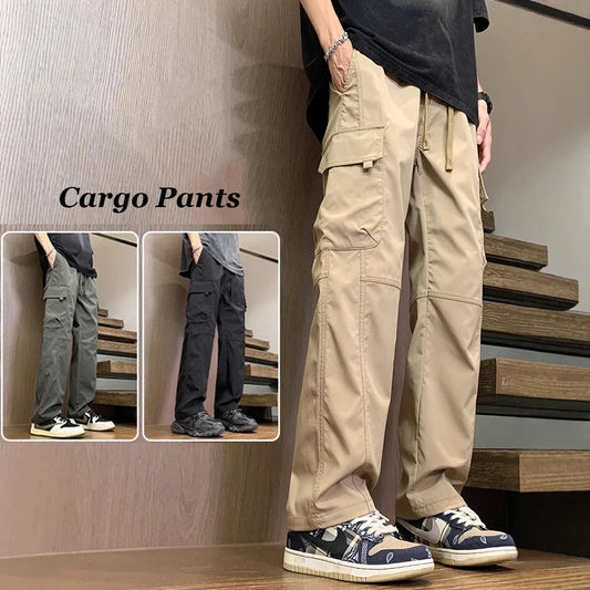 Summer Straight Cargo Pants Mens Multi-Pocket Work Casual Sweatpant Fashiom High Street Outdoor Casual Breathable Loose Trousers