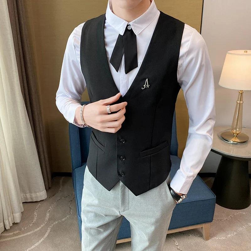 Top Quality Men's Business Casual Slim Vest Fashion Designer Men Classic Solid Color Single Breasted Sleeveless Vest Size 5XL-M