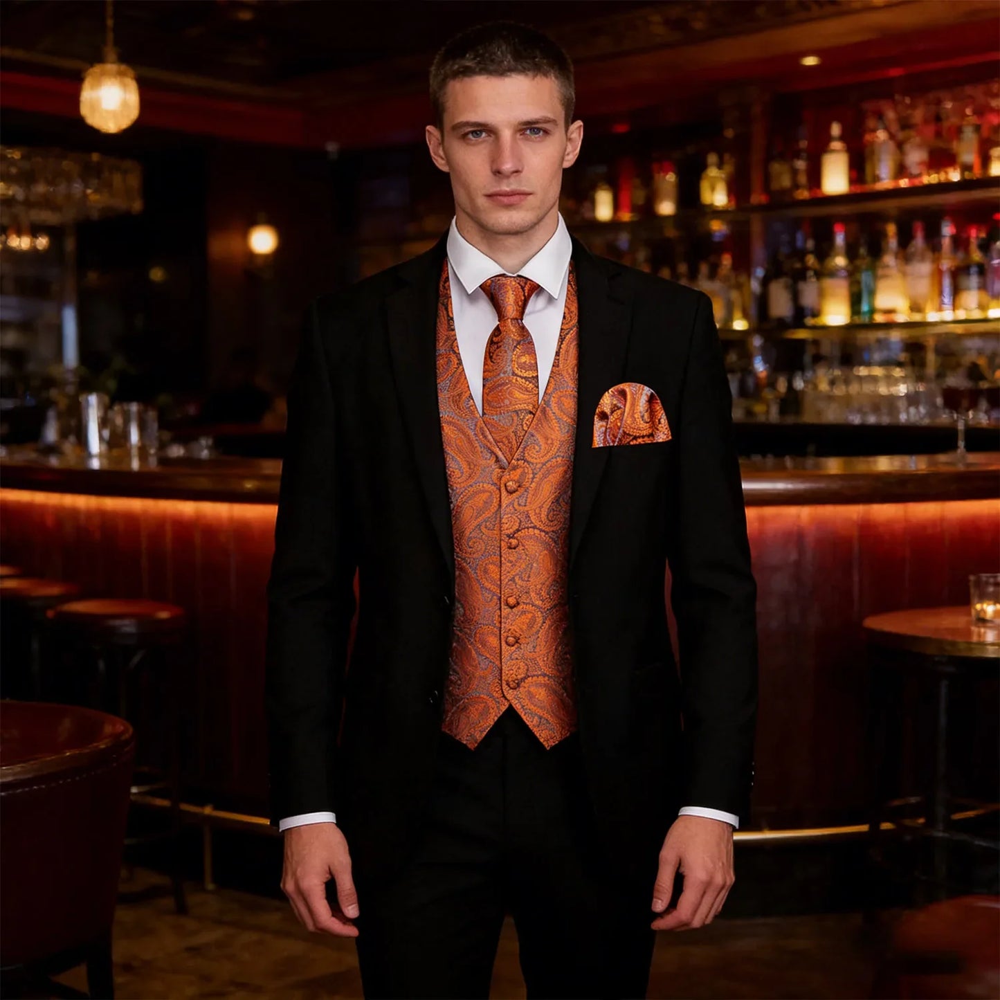 Men's Fashion Orange Paisley V-Collar Vest Waistcoat With Hankerchief Cufflinks Fit Wedding Party Gift Daily Banquent