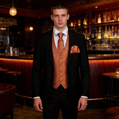 Men's Fashion Orange Paisley V-Collar Vest Waistcoat With Hankerchief Cufflinks Fit Wedding Party Gift Daily Banquent