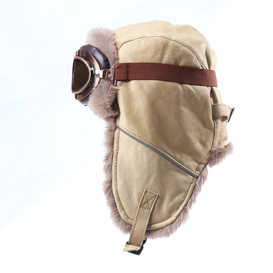 Retro Unisex Aviator Trapper Hat Faux Fur Thick Warm With Goggles Earflap Winter Cap For Cycling Outdoor Cold Protection