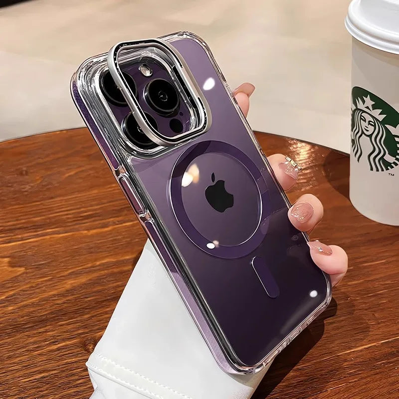 Luxury Lens Holder Shockproof Magnetic Case For iPhone 16 15 14 Plus 13 12 17 Pro Max 17Air 16e Magsafe Fashion Clear Cover