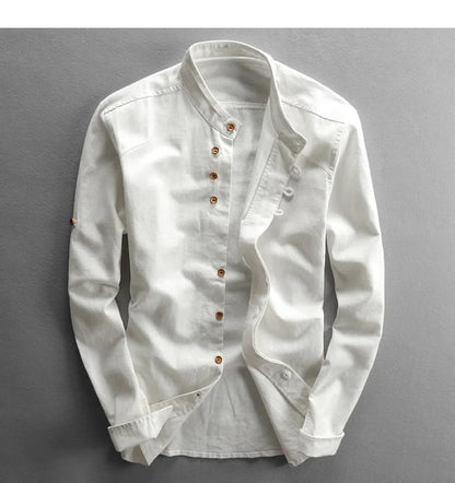 Japan Style Mens Linen Cotton Shirt Harajuku Stand Collar Long Sleeve Slim Fit Solid Color Male Casual Breathable Classical Tops