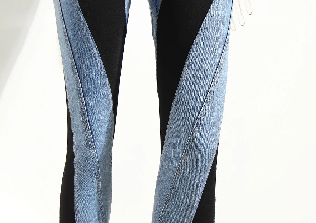 Jeans Women Pencil Pants 2023 Fashion High Waist Contract Color Patchwork Split Long Denim Pants Elastic Skinny Trousers