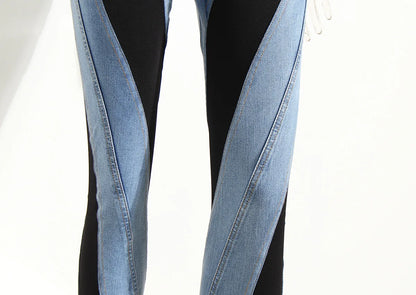 Jeans Women Pencil Pants 2023 Fashion High Waist Contract Color Patchwork Split Long Denim Pants Elastic Skinny Trousers