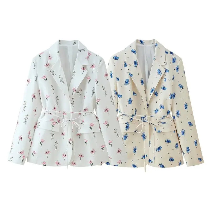 Women's Floral Print Blazer, White Pink Flower Casual Suit Jacket, Notch Lapel Loose Outwear with Tie Waist, Spring Daily Wear