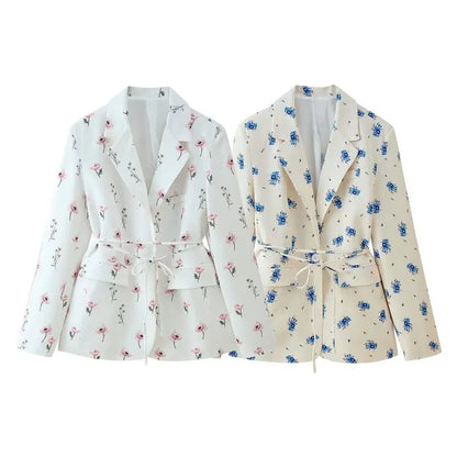 Women's Floral Print Blazer, White Pink Flower Casual Suit Jacket, Notch Lapel Loose Outwear with Tie Waist, Spring Daily Wear