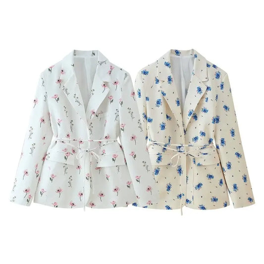 Women's Floral Print Blazer, White Pink Flower Casual Suit Jacket, Notch Lapel Loose Outwear with Tie Waist, Spring Daily Wear