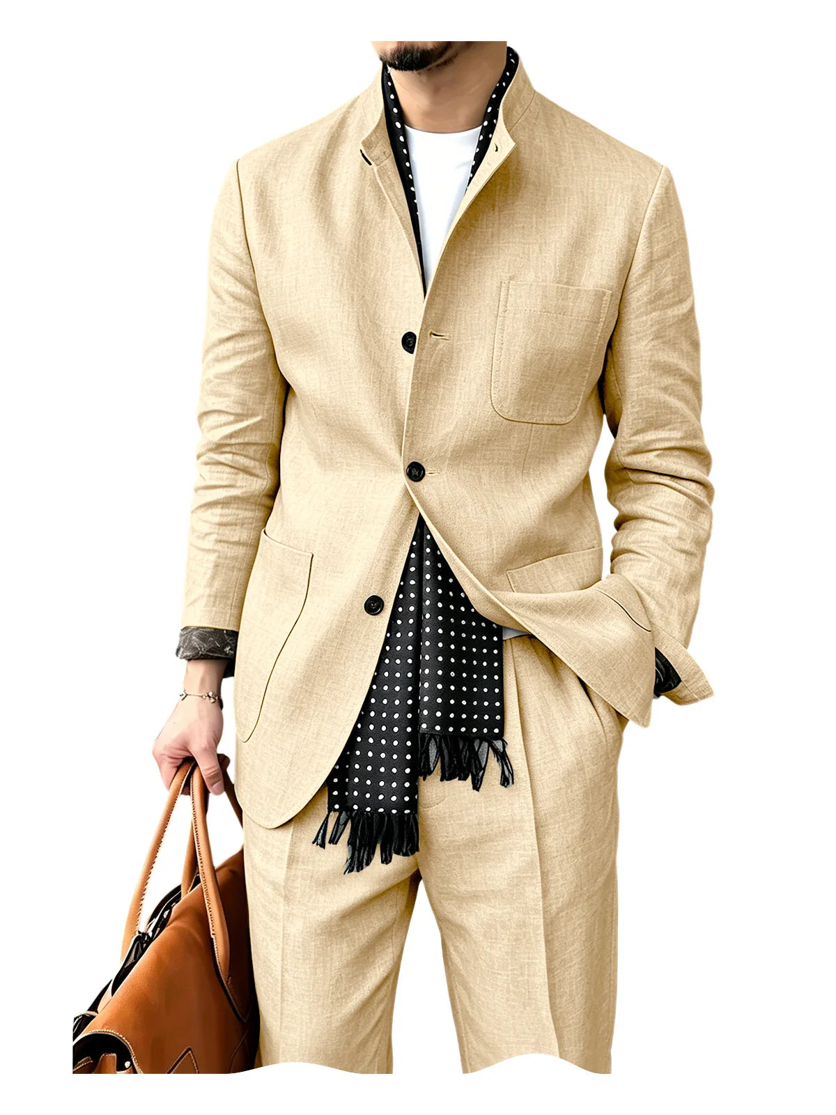 Men's Linen Blend 2 Piece Suit Set Stand Collar Breathable Casual Blazer Pants For Business Daily Wear