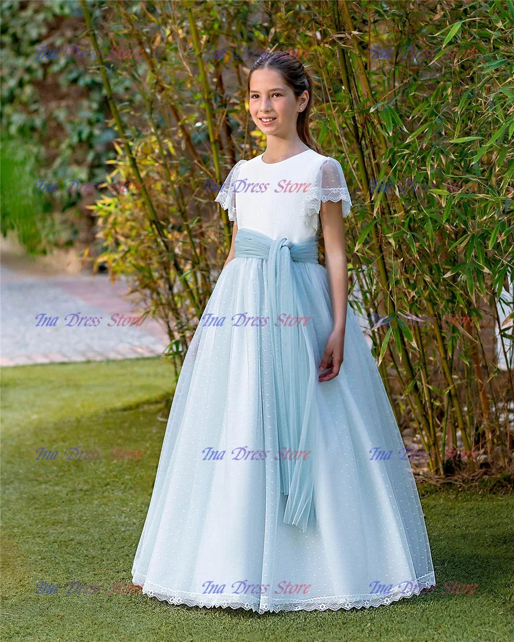 Elegant Long-sleeved Tulle Lace Printing Flower Girl Dress Princess Ball First Communion Dresses Kids Surprise Birthday Present