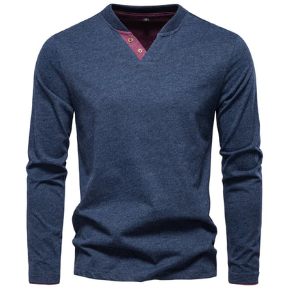 100% Cotton T-shirt Men Casual Solid Color Long Sleeve Sweater Autumn Fashion High Quality Henley Collar Mens T-shirts
