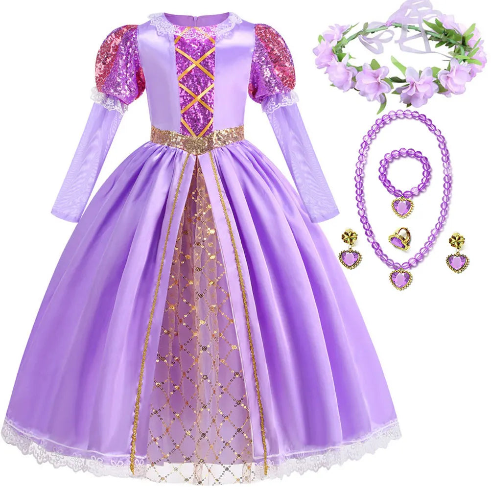Rapunzel Short Sleeve Purple Puffy Dress + Accessories Girls Cosplay Rapunzel Summer Casual Dress Birthday Party Gift