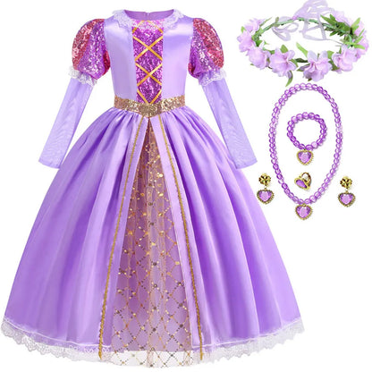 Rapunzel Short Sleeve Purple Puffy Dress + Accessories Girls Cosplay Rapunzel Summer Casual Dress Birthday Party Gift