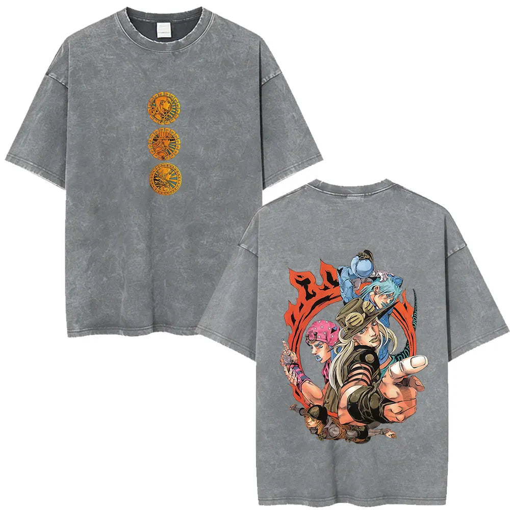 Anime Jojo Bizarre Adventure STEEL BALL RUN Manga Vintage Acid Washed T Shirt Men Women Casual Short Sleeves T-shirt Streetwear