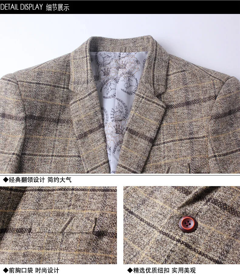 Men's Korean Style Spring Autumn Casual Small Suit Checkered Jacket Fitted Large Size Single Western Wear