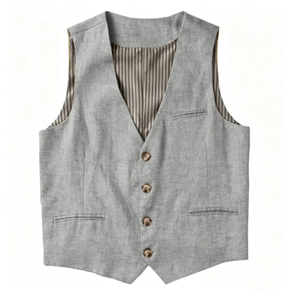 Beige Linen Men's Vest V Neck Summer Waistcoat Single Breasted Light Weigt Men's Suits Vest