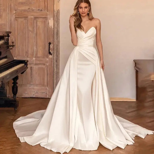 Customized 2 In 1 Detachable Train Wedding Dress 2026 Satin Sleeveless Simple Mermaid Princess Bride Gowns Vestido De Noiva