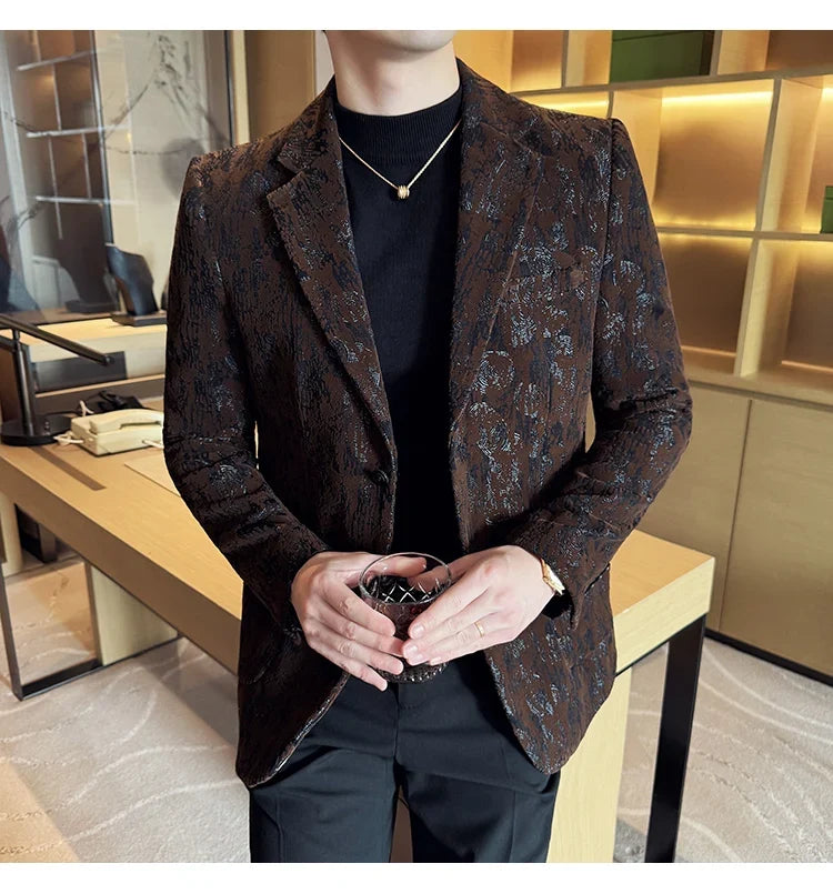 High Quality Plush Jacquard fashion Suit Jacket  Korean Version Slim Fit Business Retro Casual Social Wedding Suit Blazer 5XL-M