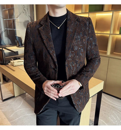 High Quality Plush Jacquard fashion Suit Jacket  Korean Version Slim Fit Business Retro Casual Social Wedding Suit Blazer 5XL-M
