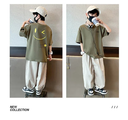 Teens Children's Summer Sets for Boys Clothing Cotton Set 2025 New Fashion Kids Loose Handsome T-shirt+ Lantern Pants Set Outfit