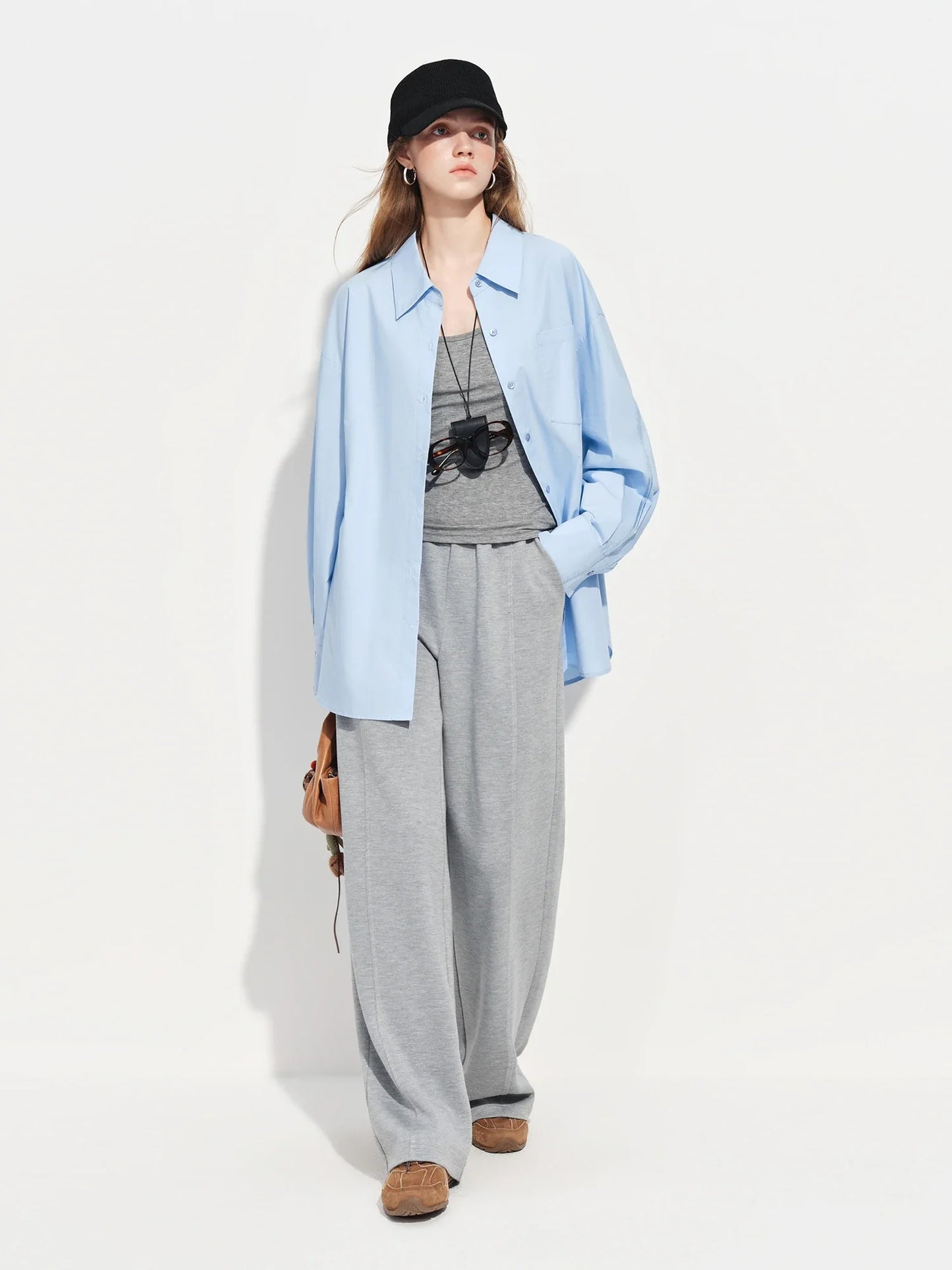 Women's French Loose Fit Cotton Shirt Long Sleeve Layering Top with Web Strap Detail Casual Oversized Blouse