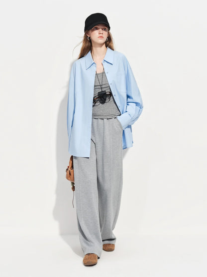 Women's French Loose Fit Cotton Shirt Long Sleeve Layering Top with Web Strap Detail Casual Oversized Blouse
