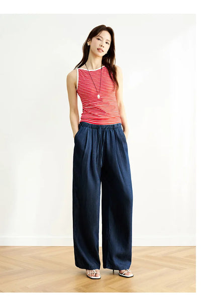 Elastic Waist Denim Pants Women Draped Fit 2025 Summer New Cooling Wide Leg Trousers