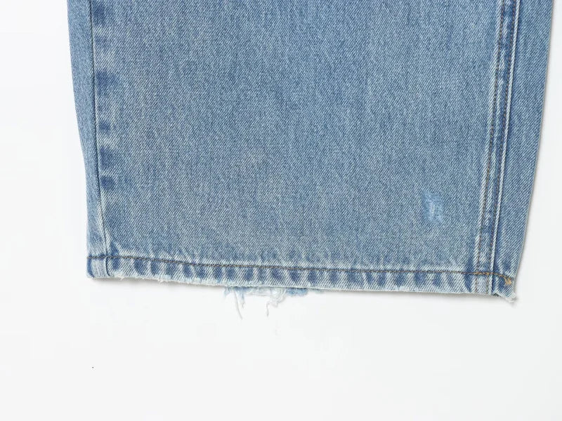 2025 women's new street fashion fold waist mid waist washed ripped jeans loose version of the floor-length pants