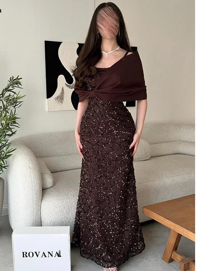 Customized Dark Brown Square Neck Prom Dress Sequin Embellished Bow Shoulder Cape robes de soirée Slim-Fit Mermaid 2025