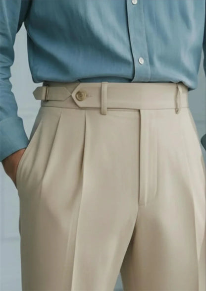 Men’s Beige High Waist Pleated Trousers Tailored Dress Pants with Side Adjusters Vintage Old Money Style