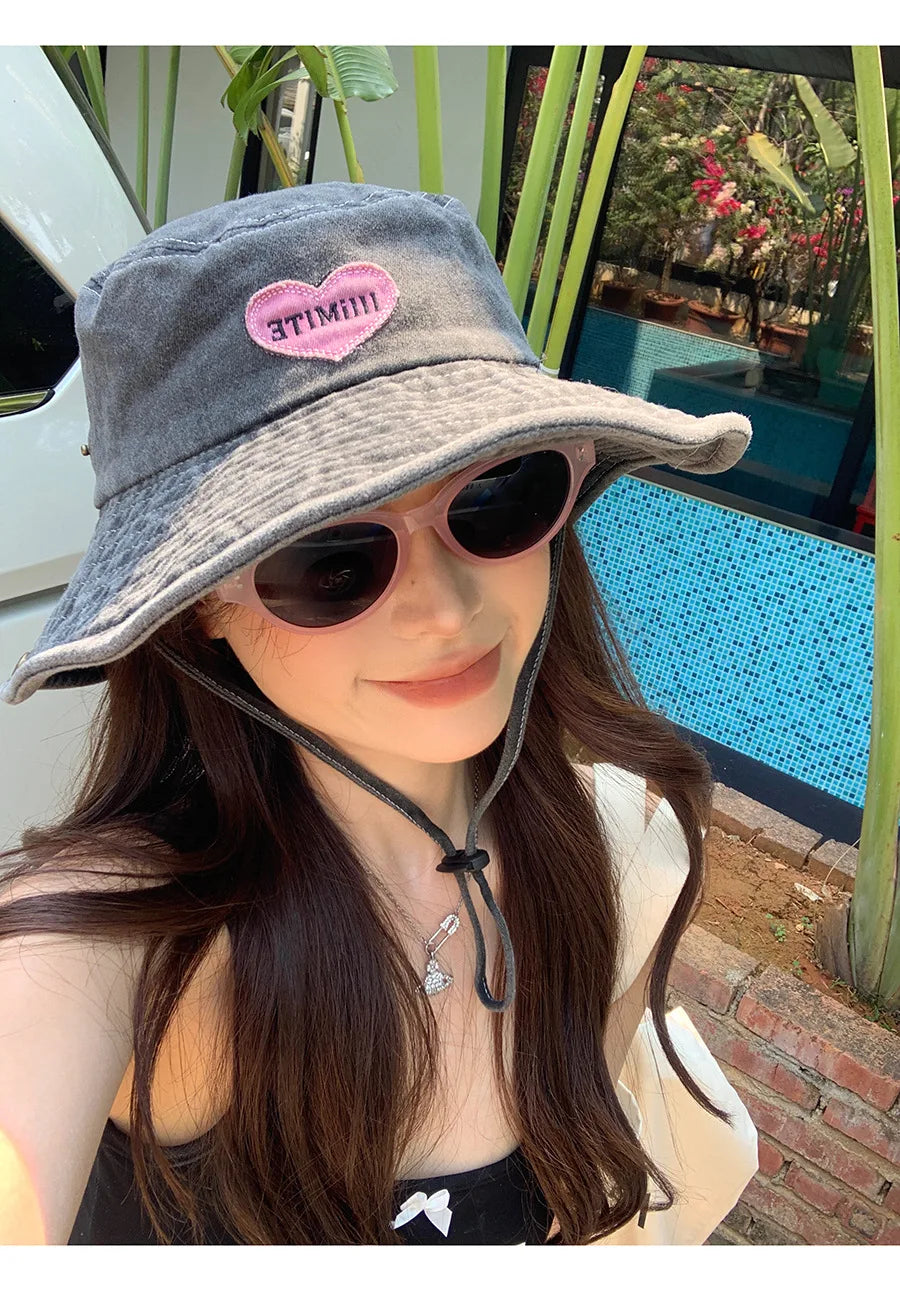 Retro Washed Bucket Hats for Women Cowboy Hats Outdoor Camping Sun Protection Sweet Pink Love Bucket Caps