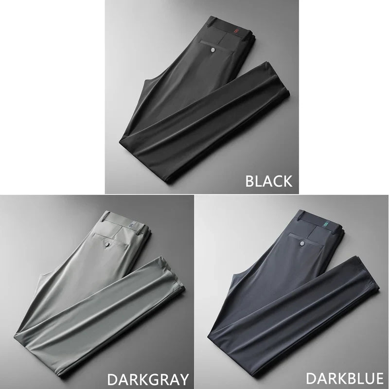 New Ice Silk Casual Pants Men Spring and Summer Mid Straight Thin Breath Pants Comfortable Light Elastic Loose Trousers