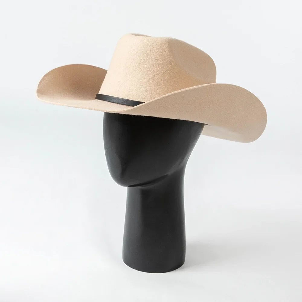 New Autumn Winter Women Fedoras with Belt Buckle Wide Brim Rolled Wool Cowboy Hat M L Size Obtainable
