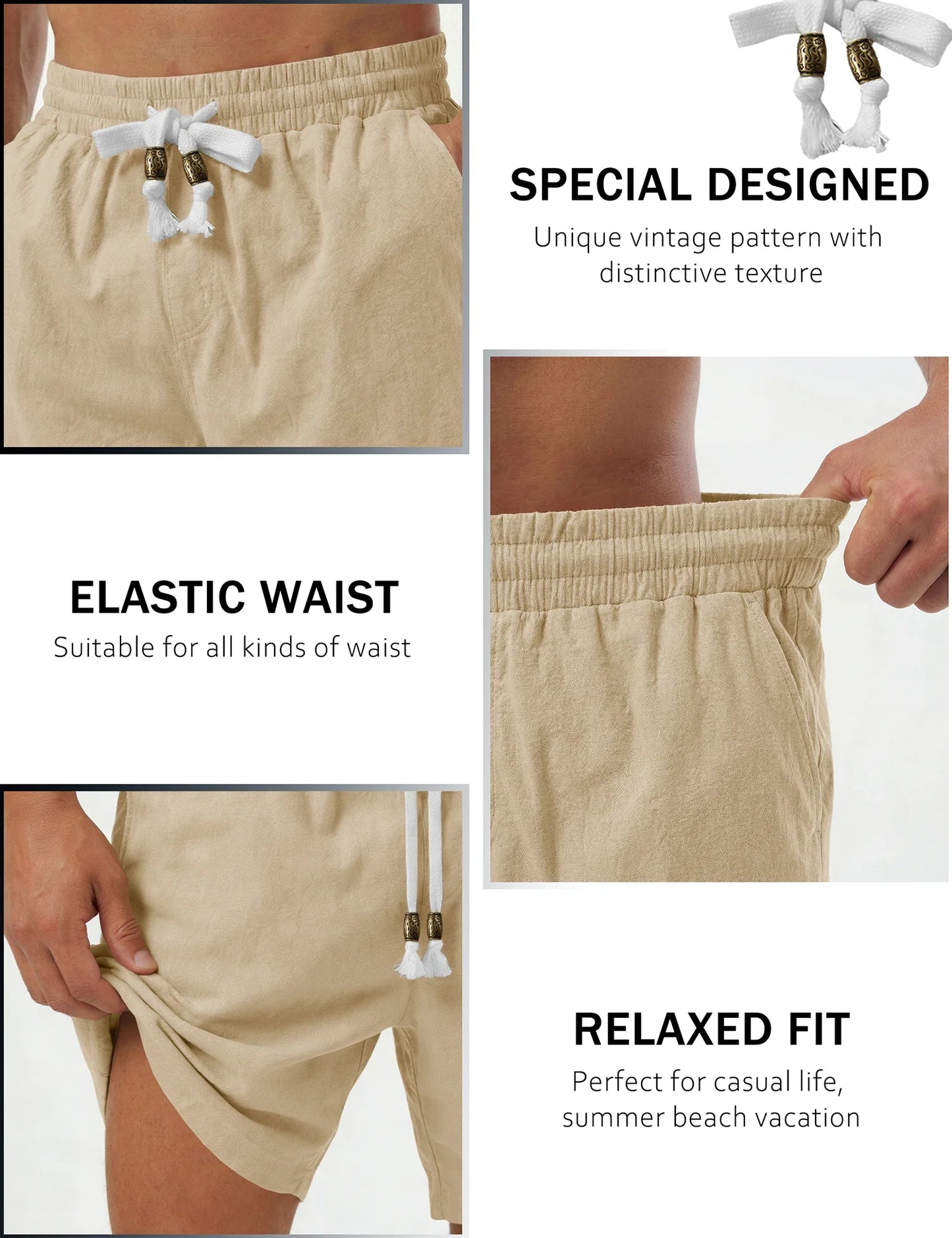 Men's Cotton Casual Shorts Loose Summer Beach Vacation Short Solid Pants with Deep Pockets Elastic Waist 7 Inch Inseam