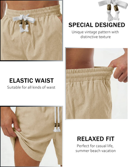 Men's Cotton Casual Shorts Loose Summer Beach Vacation Short Solid Pants with Deep Pockets Elastic Waist 7 Inch Inseam