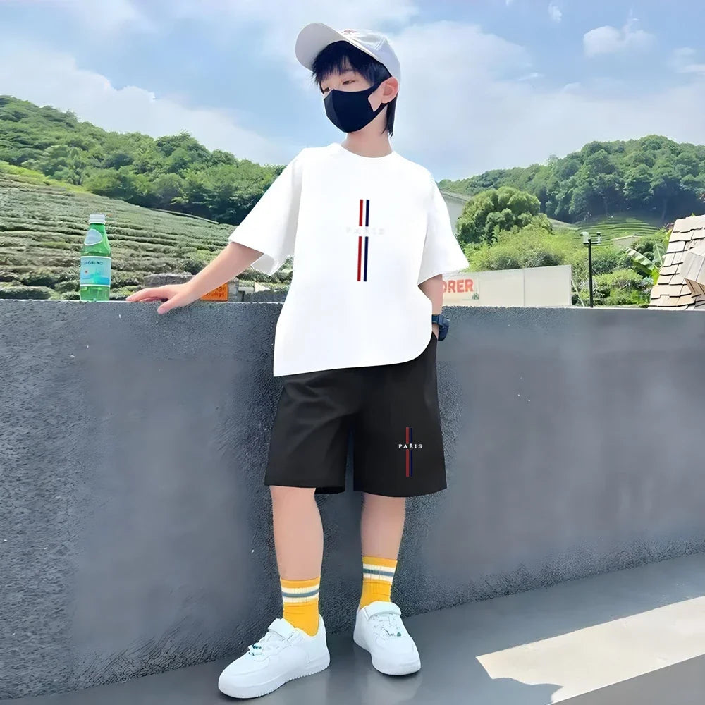 Summer Short Sleeve Children Age 3-12 Girls Boy Set White Black Tshirt+Shorts 2pcs Leisure Kids PARIS Brand Print Set