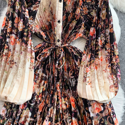 Ele Printed round Ne Lantern Sve Dr Women's Single Button Waist Cinch Maxi Skirt Long Dr Commute Sle Autumn