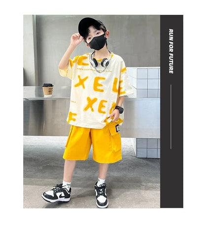 New Fashion Tween Boys Summer Sets Clothing Kids Cotton T-shirt Shorts 2 Pieces Tracksuit Age 5 6 7 8 9 10 11 12 13 14 Years Old