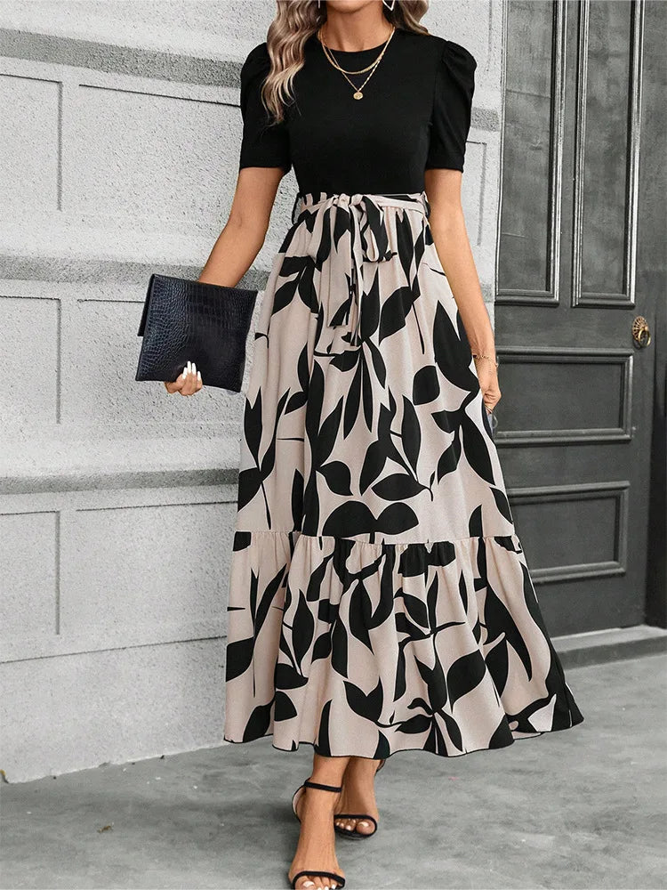 Elegant Floral Print Round Neck Long Dresses Women Short Sleeve High Waist Lace-up Office Lady Holiday Party Dresses Vestidos