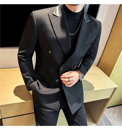 (1 Pcs Jackets) New Thicken Thicken Striped Casual Suit Jacket Fashion Splicing Leather Neck Men's Business Slim Blazers Tuxedos