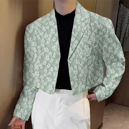 Men Blazer Flower Jacquard Lapel Long Sleeve Crop Coats Men Streetwear Autumn 2025 One Button Fashion Casual Male Suit