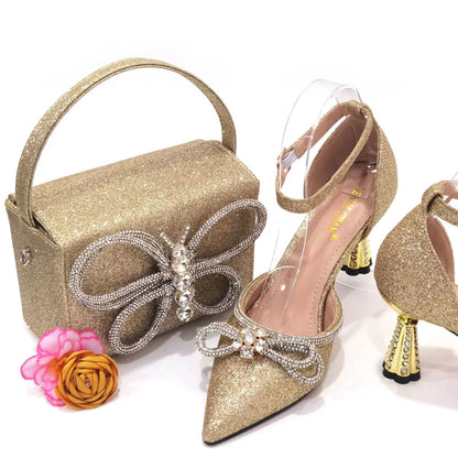 2023 Ladies Pointed-Toe Party High Heels Magenta Colour Bow Rhinestone Stereo Bag Evening  African Wedding Shoe And Bag Set