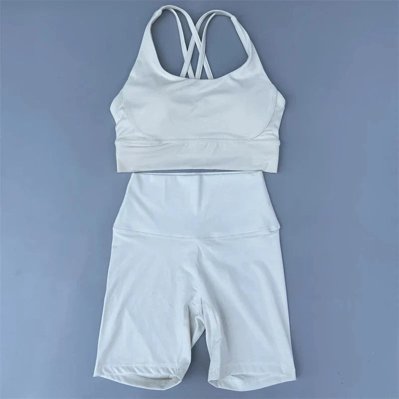 Solid Color soft gym Yoga Set short Legging +cross sport bra Tracksuit  Women Gym Suit Comprehensive Training Jogging Athletic