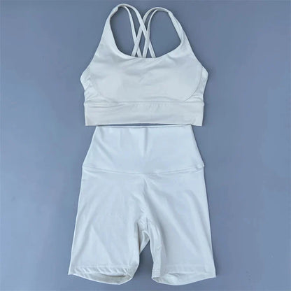 Solid Color soft gym Yoga Set short Legging +cross sport bra Tracksuit  Women Gym Suit Comprehensive Training Jogging Athletic