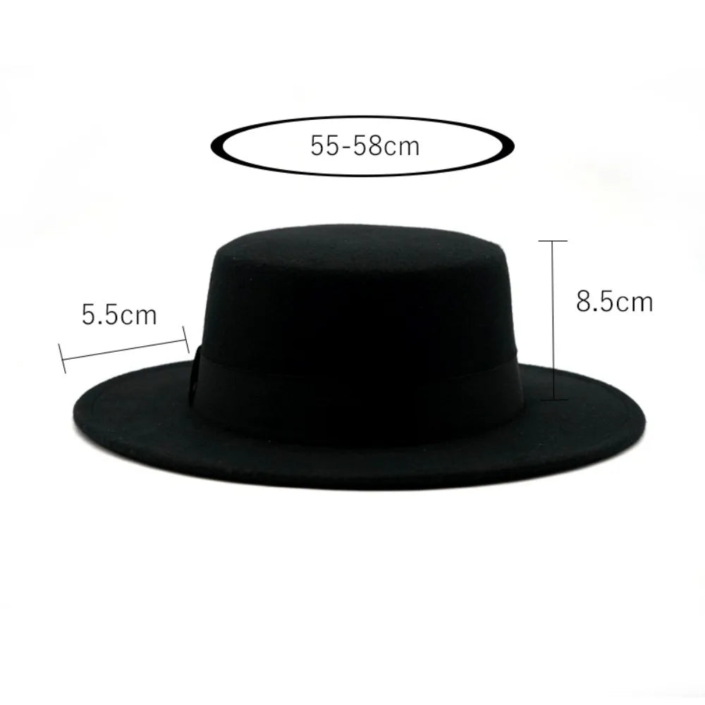 Black Ribbon Flat Top Hat British Retro Style Unisex Wool Fedora Winter Warm Hat