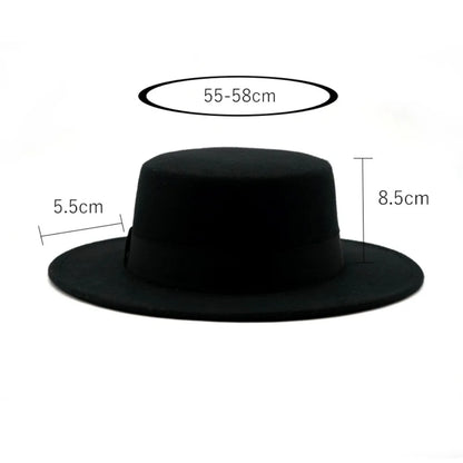 Black Ribbon Flat Top Hat British Retro Style Unisex Wool Fedora Winter Warm Hat