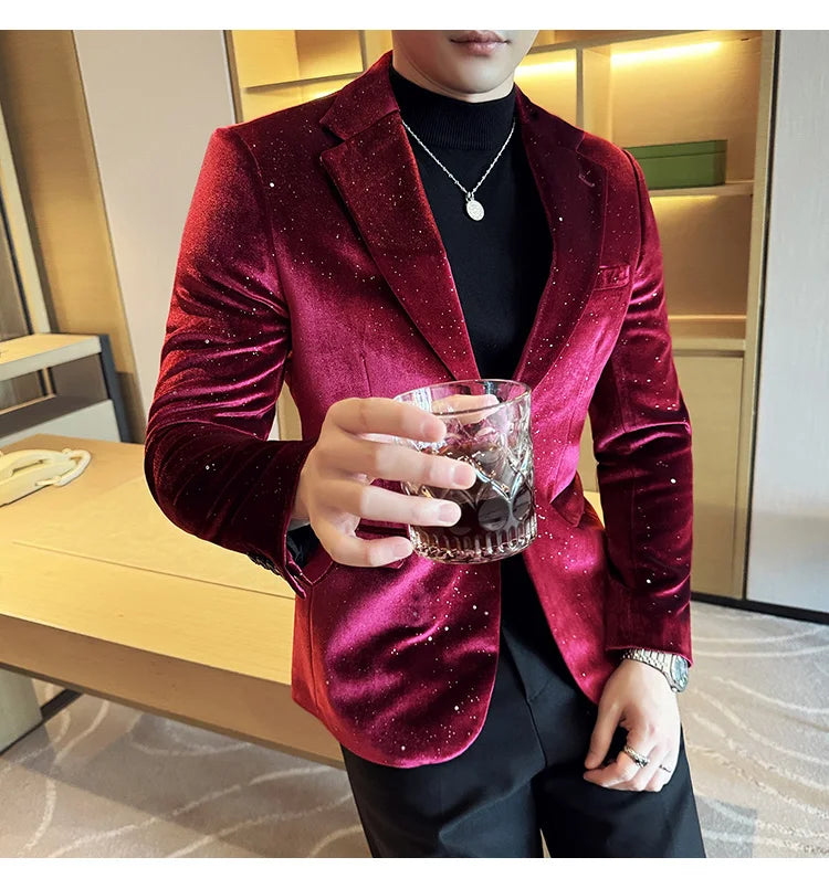 High Quality Velvet Bronzing Suit Coats Mens Sparkle Elegant Slim Business Suits Jacket Homme Formal Social Prom Party Tuxedos