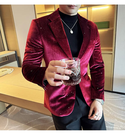 High Quality Velvet Bronzing Suit Coats Mens Sparkle Elegant Slim Business Suits Jacket Homme Formal Social Prom Party Tuxedos