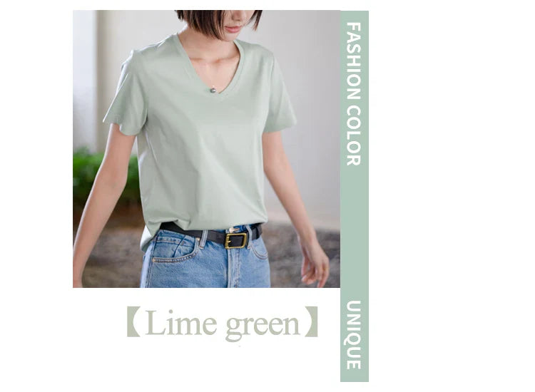 6% Real Silk Cotton Modal Women's T-shirt 2026 Summer Tees Short Sleeve Solid Tee Shirts V-neck Casual Woman Basic T shirt Tops