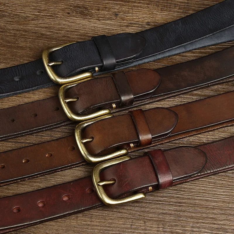 3.3CM Genuine Leather Belt Men Luxury Strap Male Fashion Pure Cowhide Copper Buckle Wild Classic Retro Pin Buckle High Quality